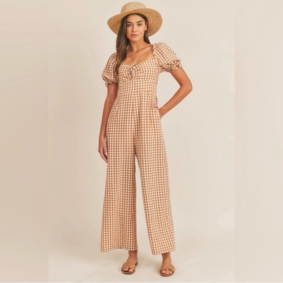 mable Pants - Mable Amaya Gingham Plaid Puff Short Sleeve Jumpsuit in Cognac Size M